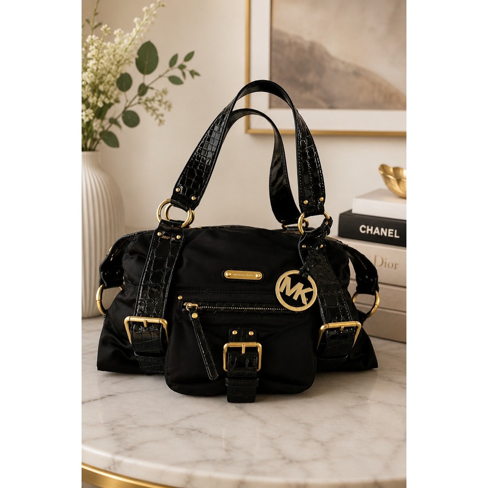 Michael Kors Black Nylon Croc Patent Satchel Gold Hardware MK Charm Y2K Glam